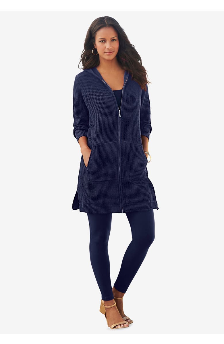 Roaman's Waffle Mega Length Zip Hoodie, Alternate, color, Black