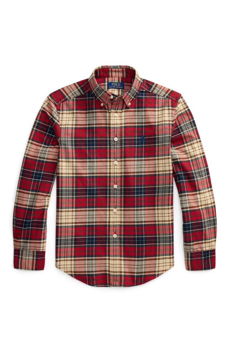 Kids' Plaid Cotton Oxford Shirt, Main, color, RED NAVY MULTI