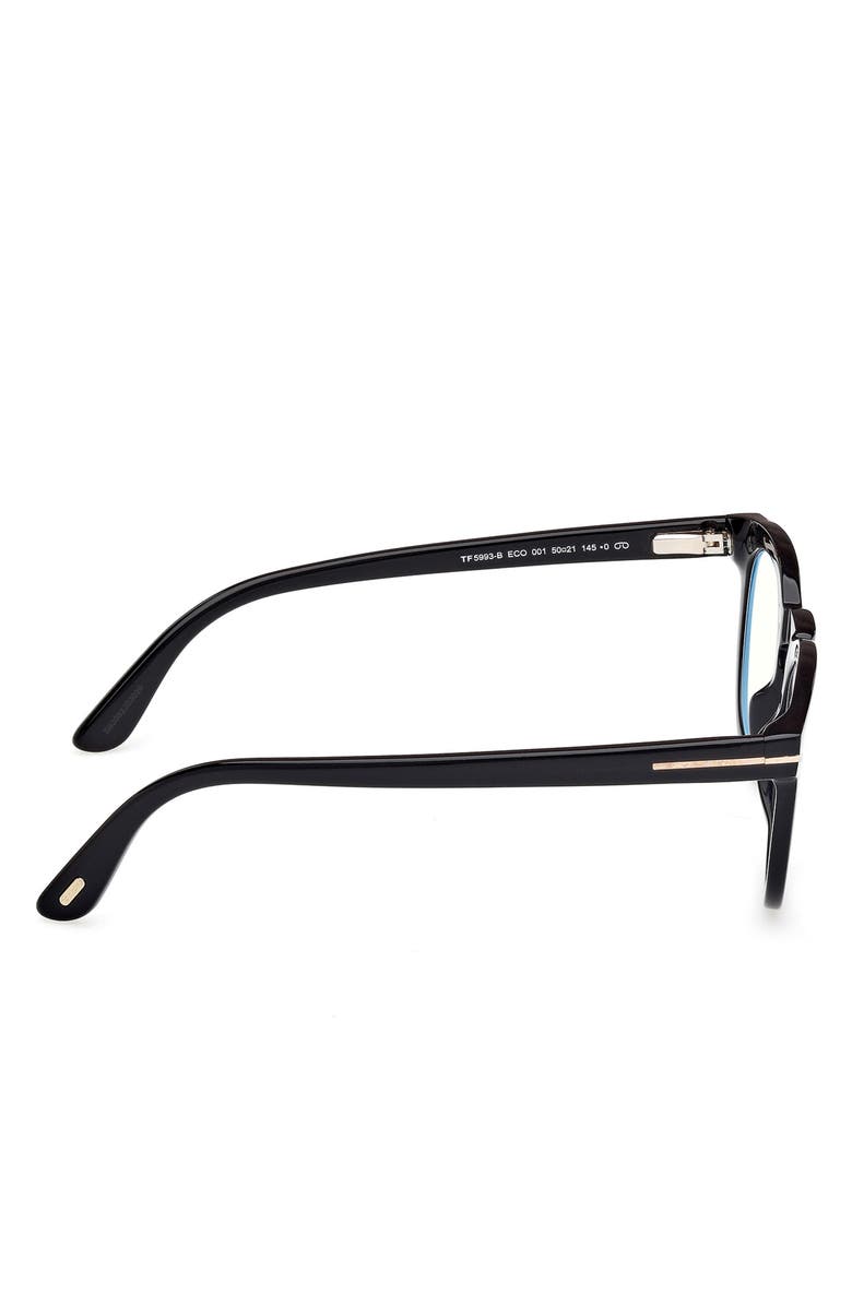 TOM FORD 50mm Small Round Blue Light Blocking Glasses, Alternate, color, Black/ Gold Eco / T Logo