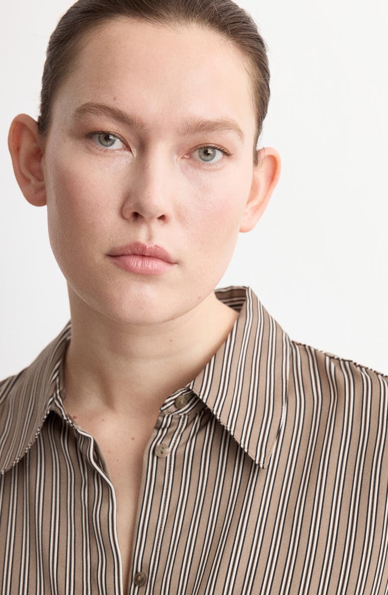 MANGO Stripe Satin Button-Up Shirt, Alternate, color, Medium Brown