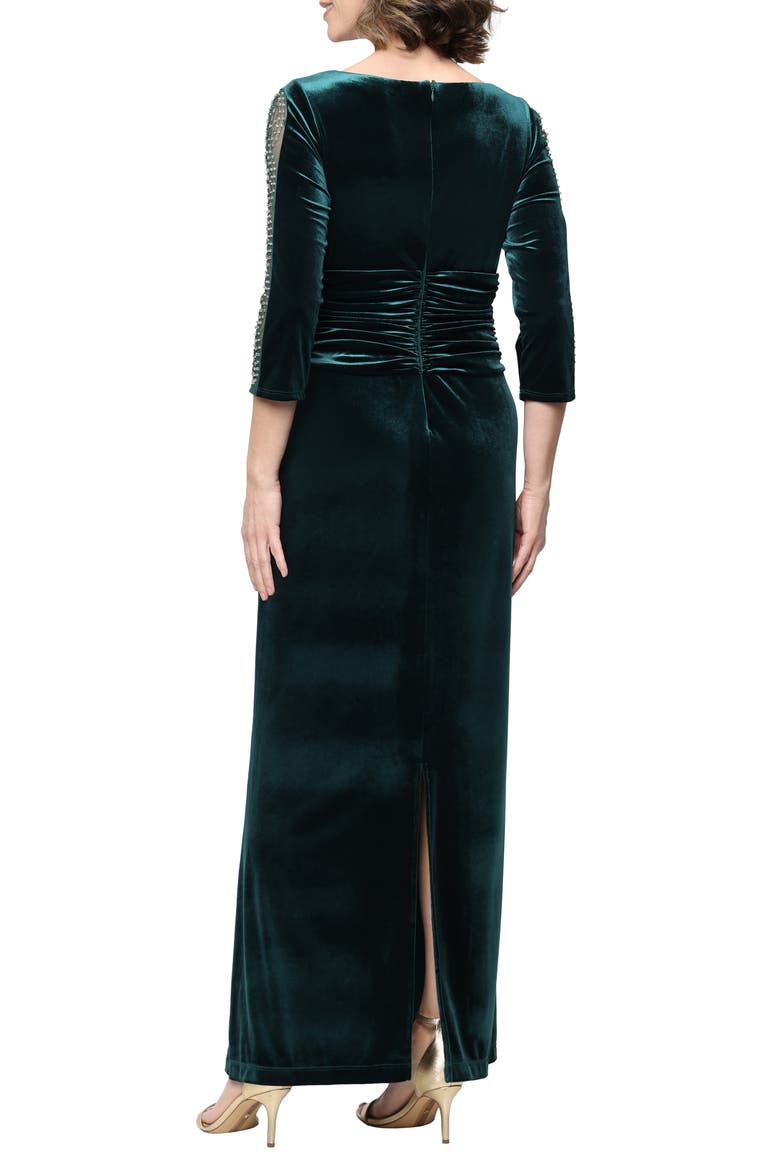Beaded Sleeve Stretch Velvet Gown, Alternate, color, FOREST