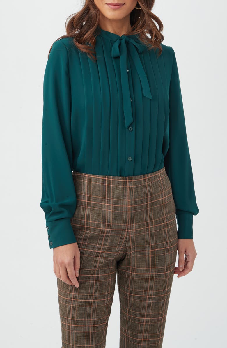 Trina Turk Adaeh Tie Neck Long Sleeve Button-Up Top, Main, color, Victoria Lake