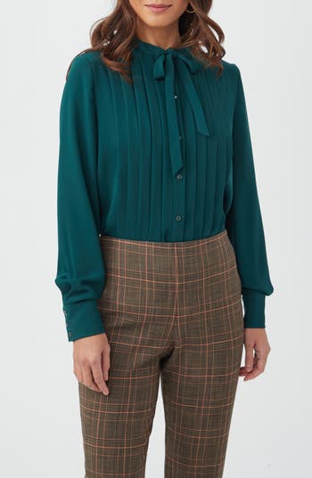 Trina Turk Adaeh Tie Neck Long Sleeve Button-up Top In Green