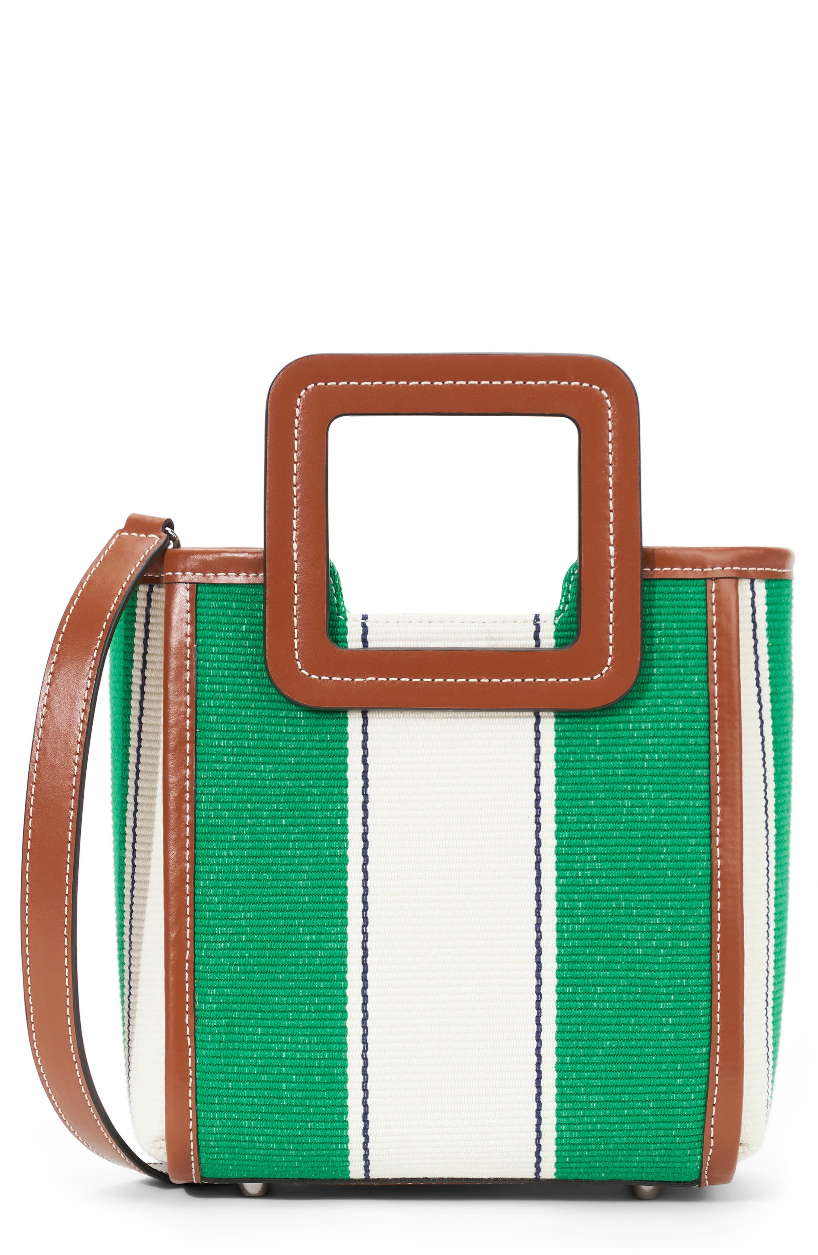 STAUD Mini Shirley Bungalow Stripe Canvas & Leather Tote, Main, color, 