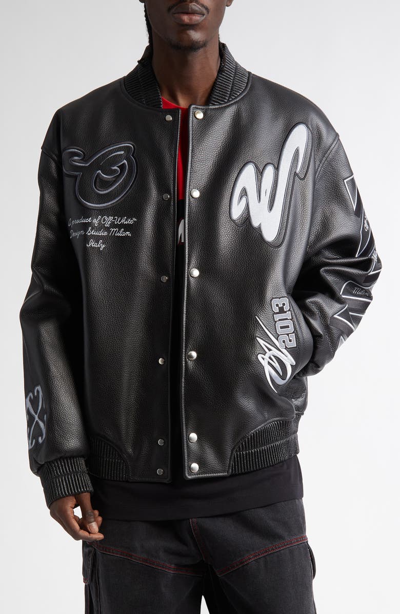 Off-White Dragon Varsity Leather Bomber Jacket, Main, color, 