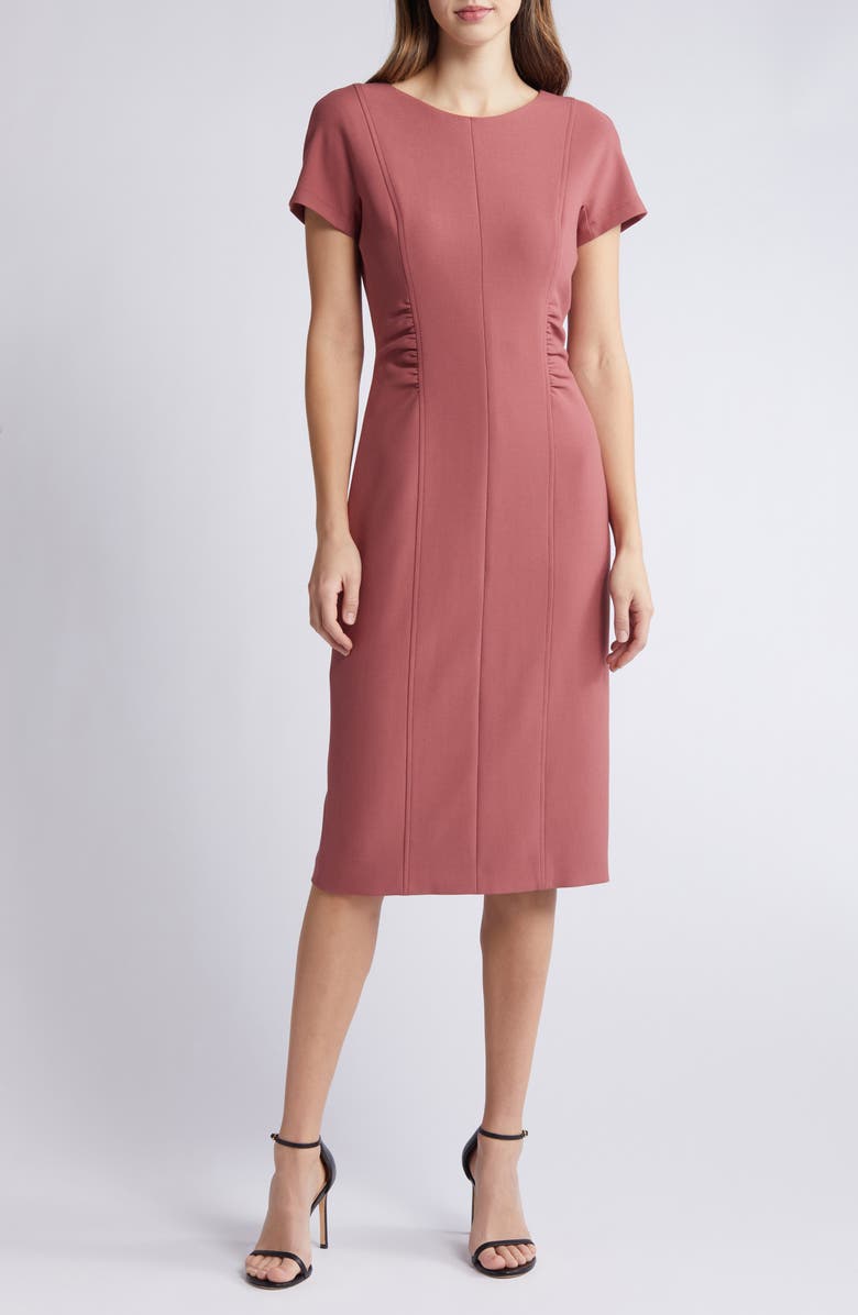 BOSS Dakela Ruched Sheath Dress, Main, color, Cowhide