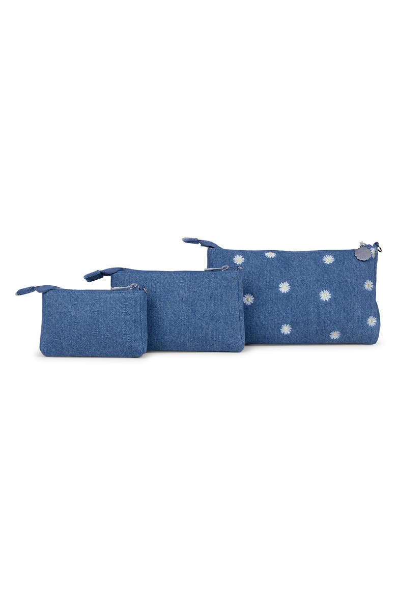 x Sazan Set of 3 Cotton Canvas Pouches, Alternate, color, DENIM DAISIES