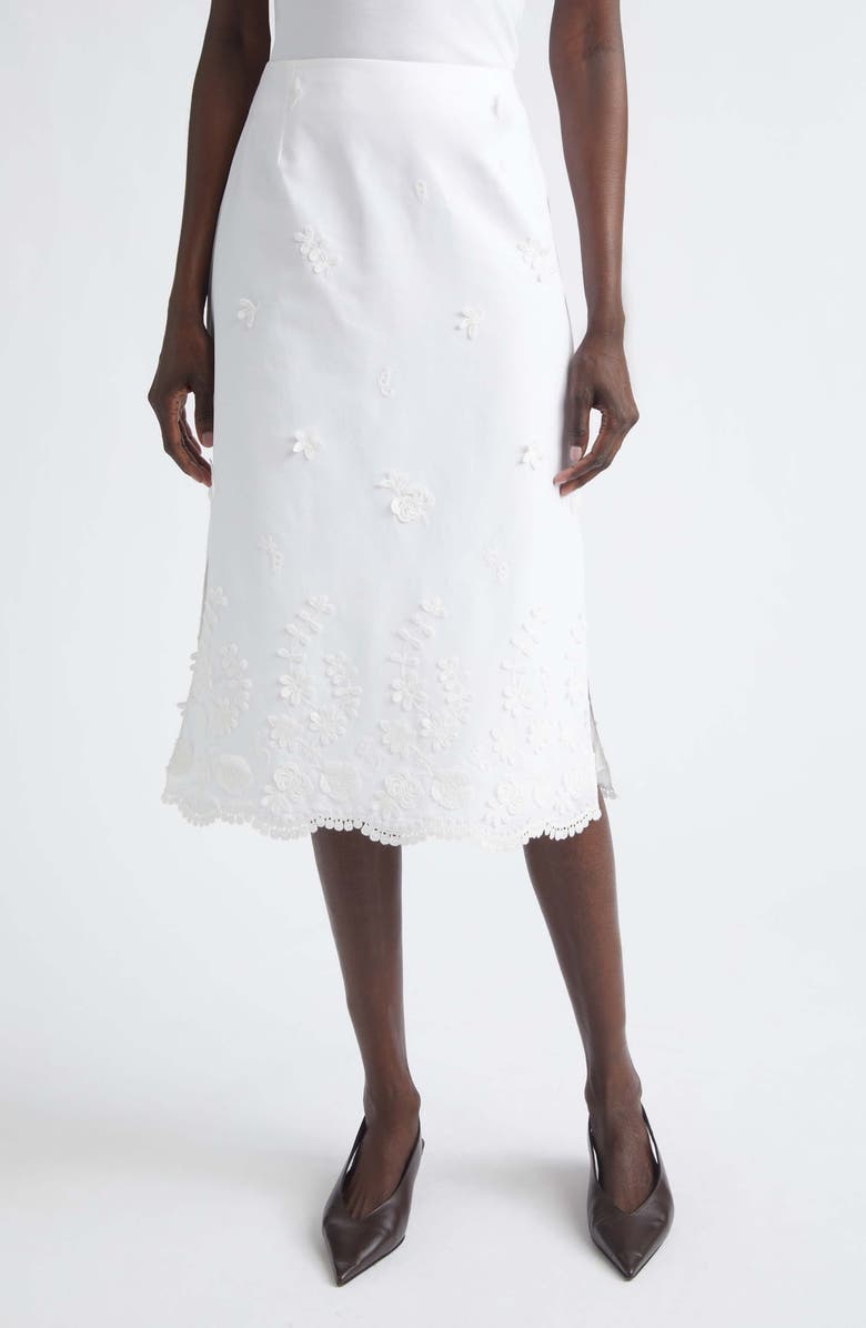 Altuzarra Malik Floral Appliqué Midi Skirt, Main, color, Optic White