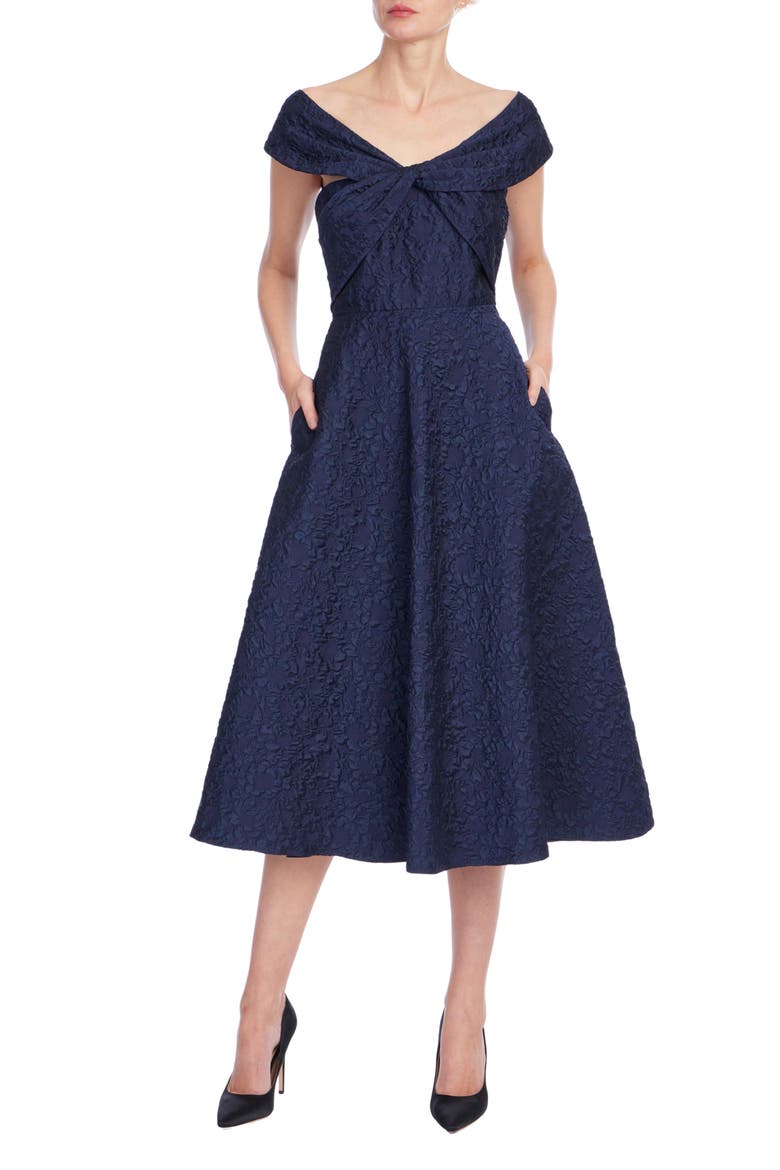 Portrait Collar Jacquard Midi Cocktail Dress, Main, color, NAVY
