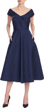 Badgley Mischka Collection Portrait Collar Jacquard Midi Cocktail Dress