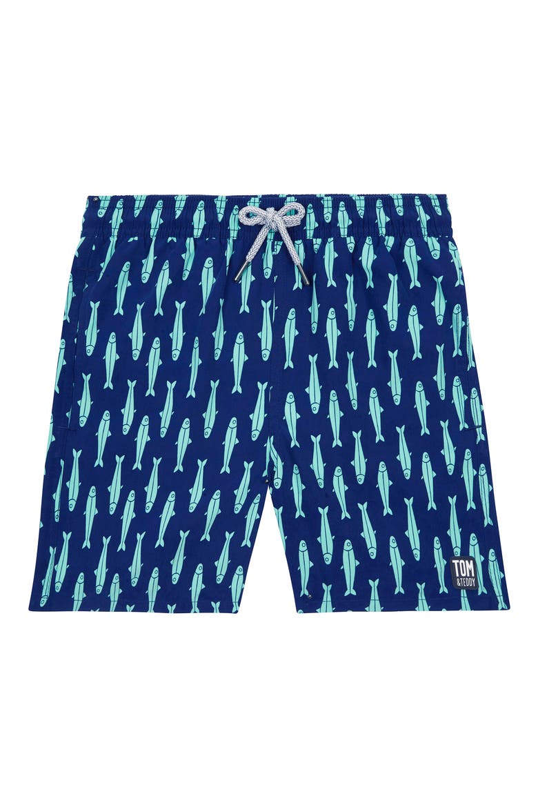 Kids' Fish Print Swim Trunks, Main, color, INK BLUE AND GREEN