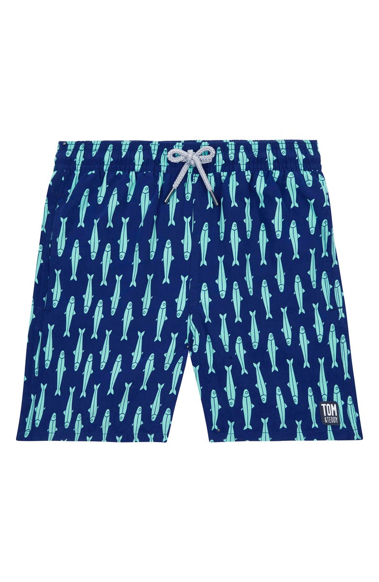 Tom & Teddy Kids' Fish Print Swim Trunks, Main, color, 