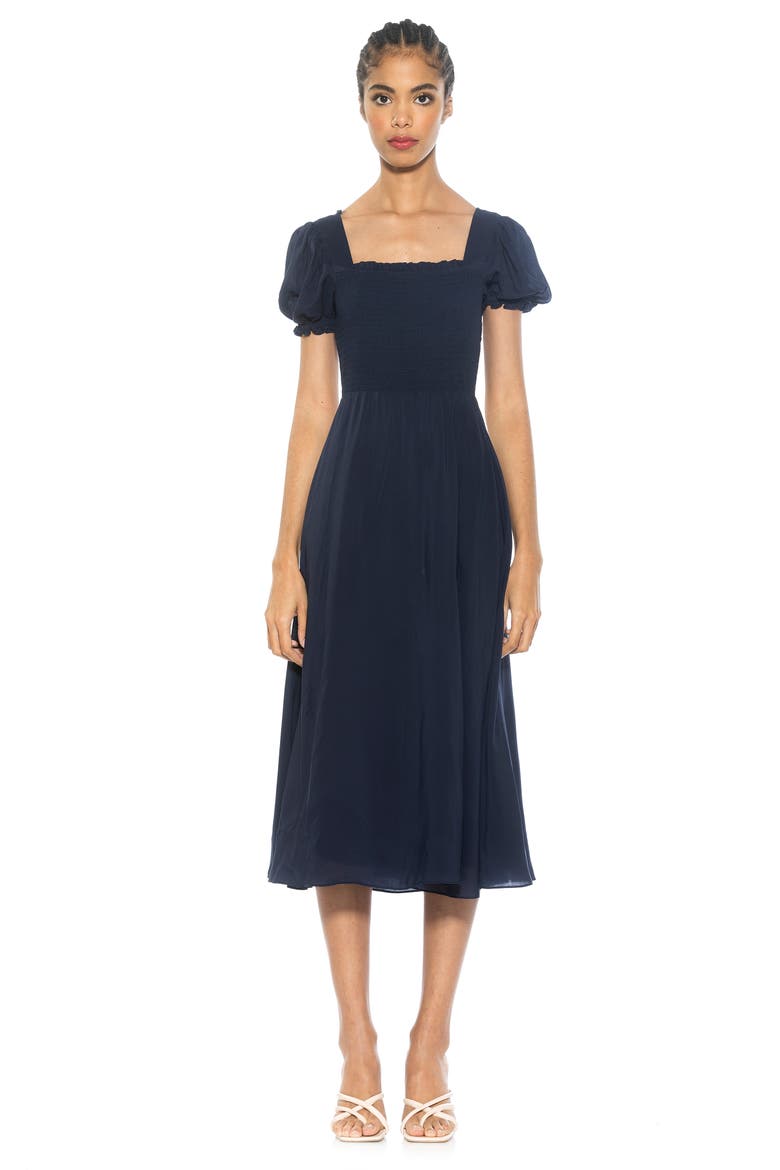 Iris Smocked Short Sleeve Midi Dress, Alternate, color, NAVY