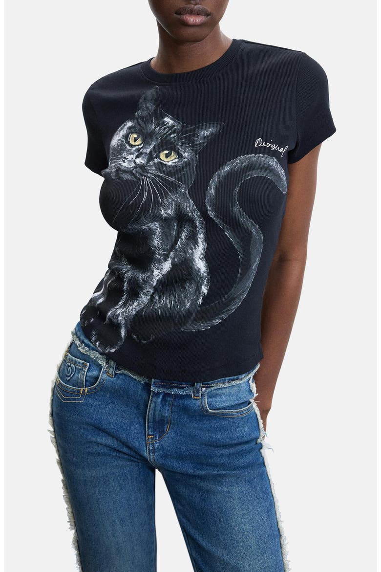 Stretch Cotton Cat Graphic T-Shirt, Main, color, BLACK