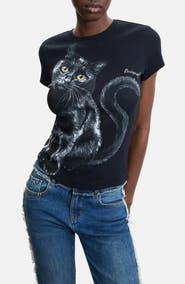 Desigual Stretch Cotton Cat Graphic T-Shirt