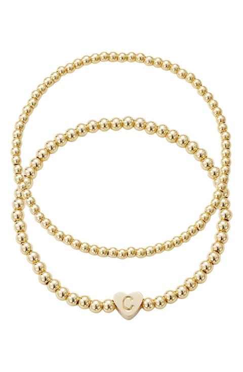 Initial Heart Charm Beaded Chain Bracelet Set