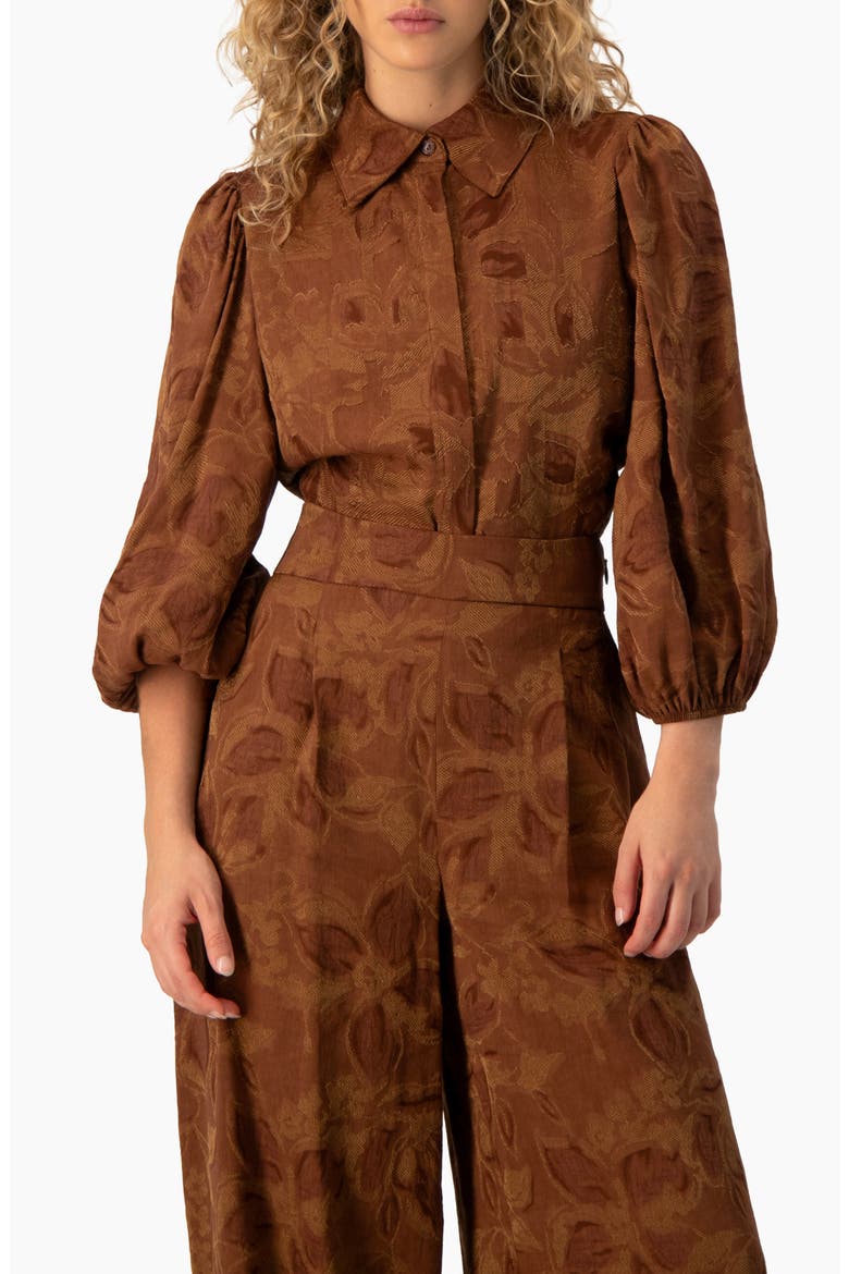 Floral Jacquard 3/4 Puff-Sleeve Button-Down Collared Shirt, Main, color, Chocolate