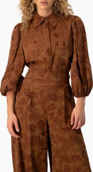 IVONNE Floral Jacquard 3/4 Puff-Sleeve Button-Down Collared Shirt