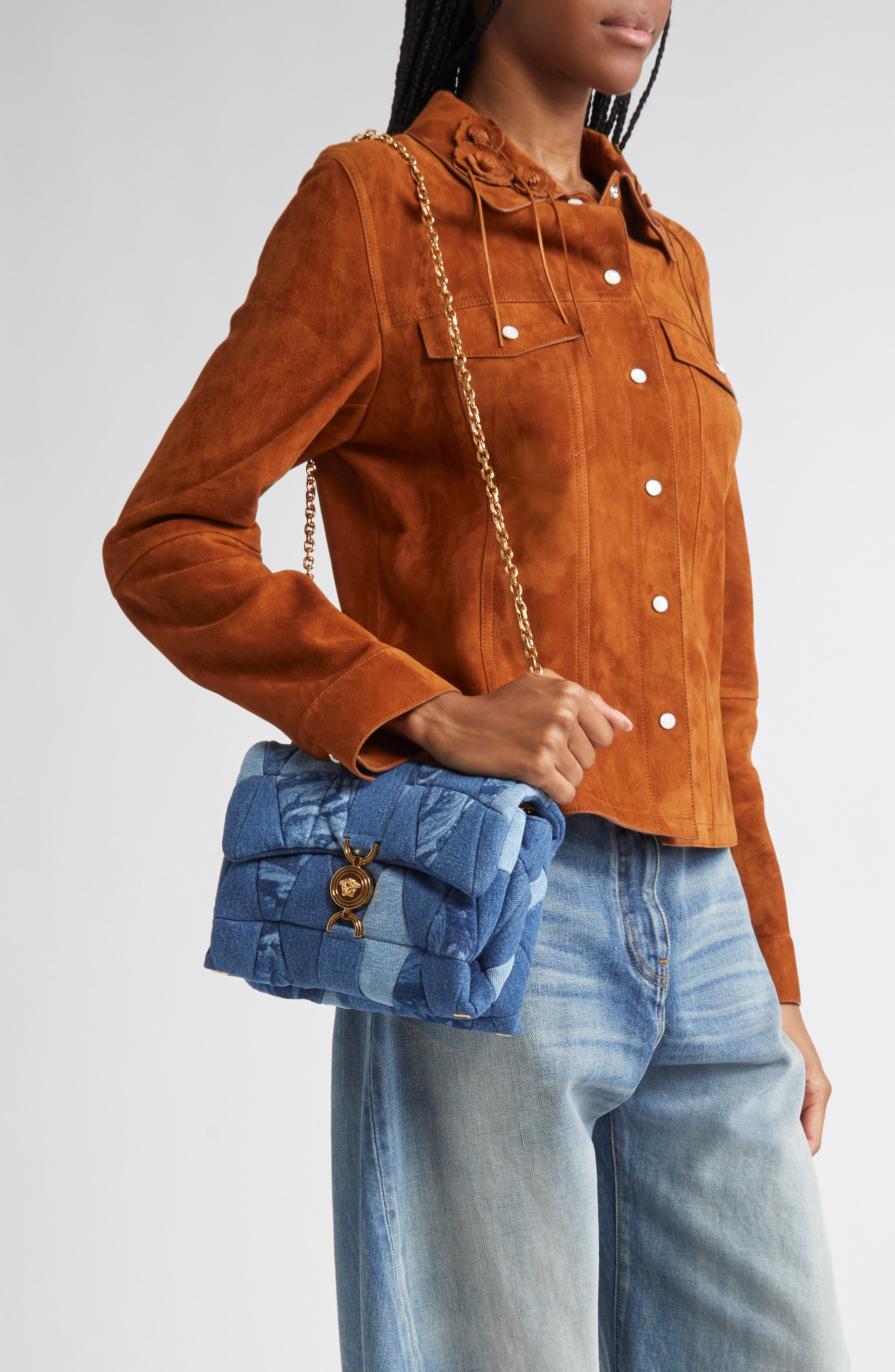 Versace Medusa 95 Quilted Patchwork Denim Shoulder Bag, Alternate, color, Blue Versace Gold