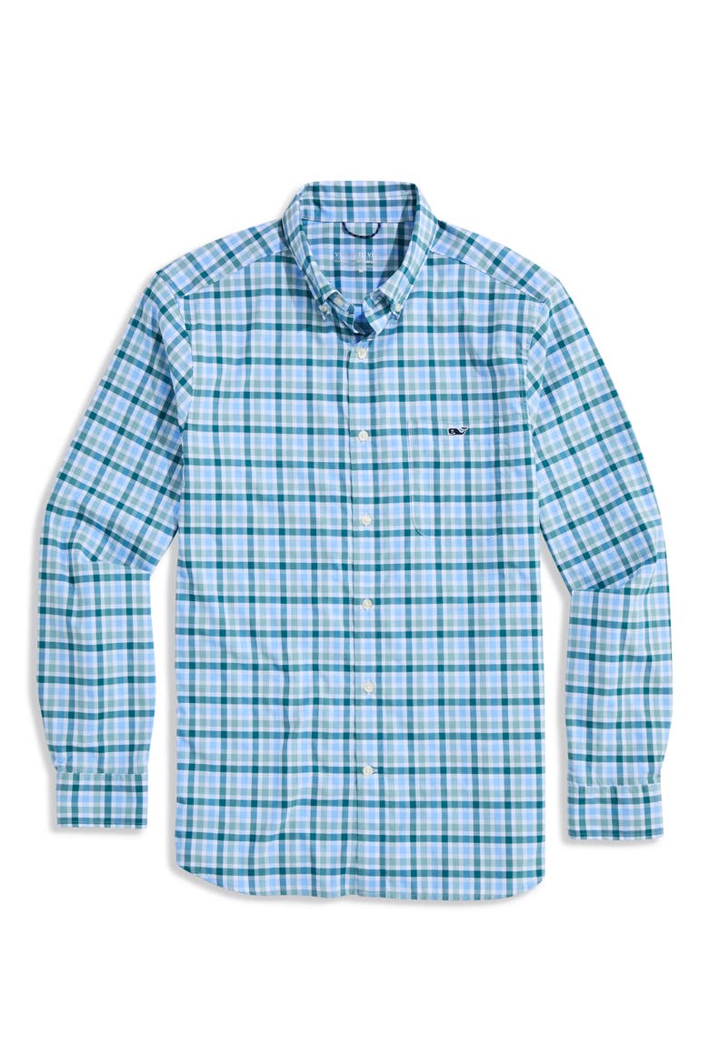 Plaid Performance Long Sleeve Button Up Shirt, Main, color, SEACLIFF BLUE