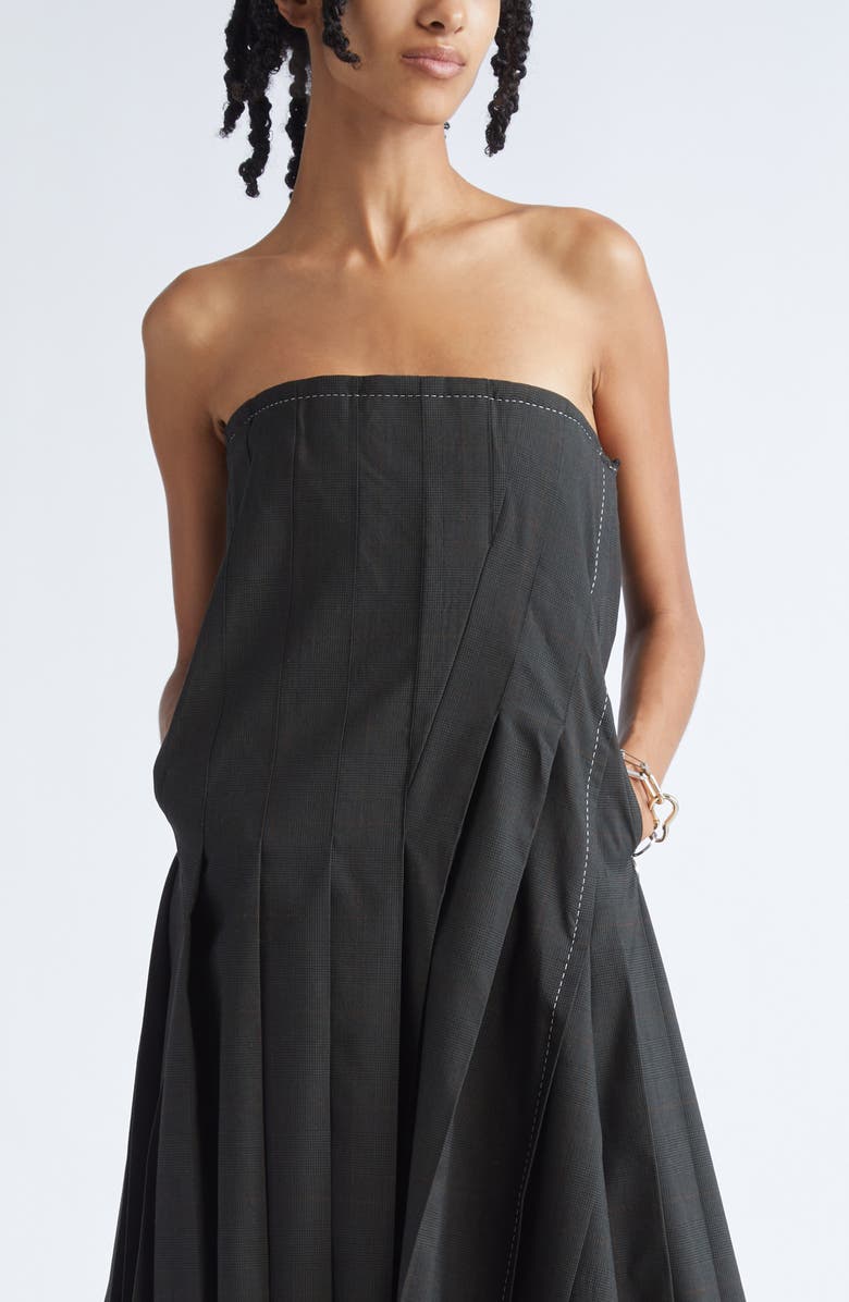 Sacai Glen Plaid Mixed Media Strapless Dress, Alternate, color, Khaki