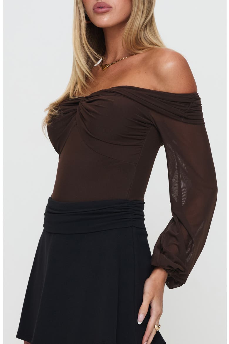 Babette Off the Shoulder Bodysuit, Alternate, color, BROWN