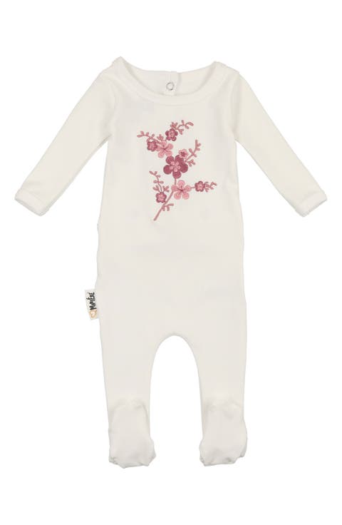 Floral Embroidered Cotton Knit Footie (Baby)