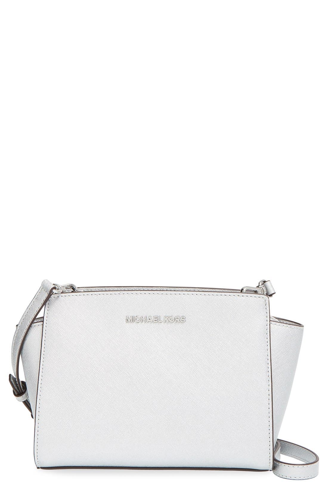 'Medium Selma' Metallic Leather Crossbody Bag, Main, color, SILVER/ SILVER