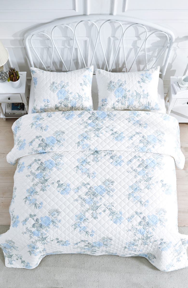 MELANGE HOME Rose Percale Cotton Quilt & Shams Set, Alternate, color, Blue/ Blue