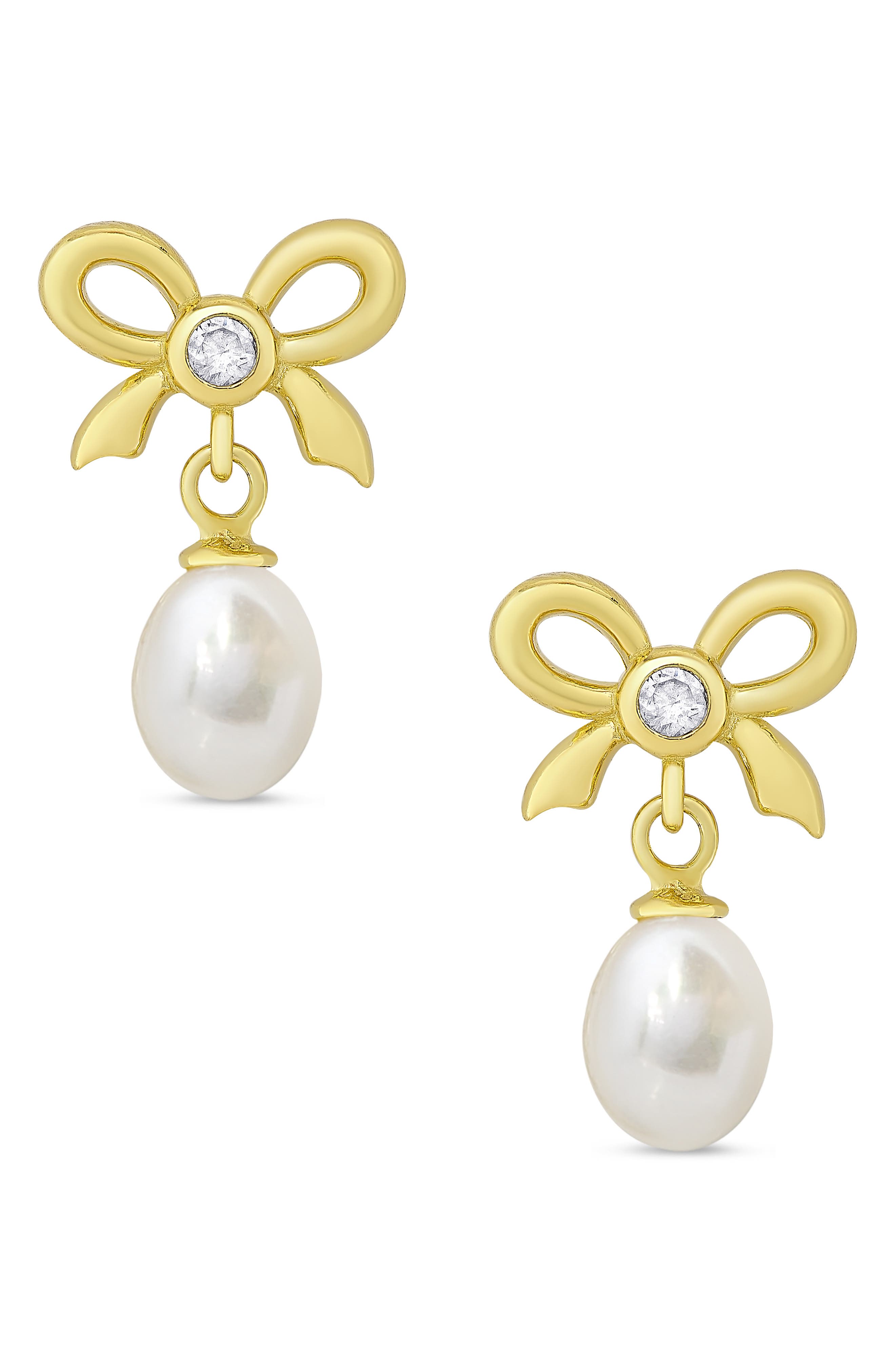 Lily Nily Kids' Cubic Zirconia & Pearl Bow Drop Earrings in Gold 