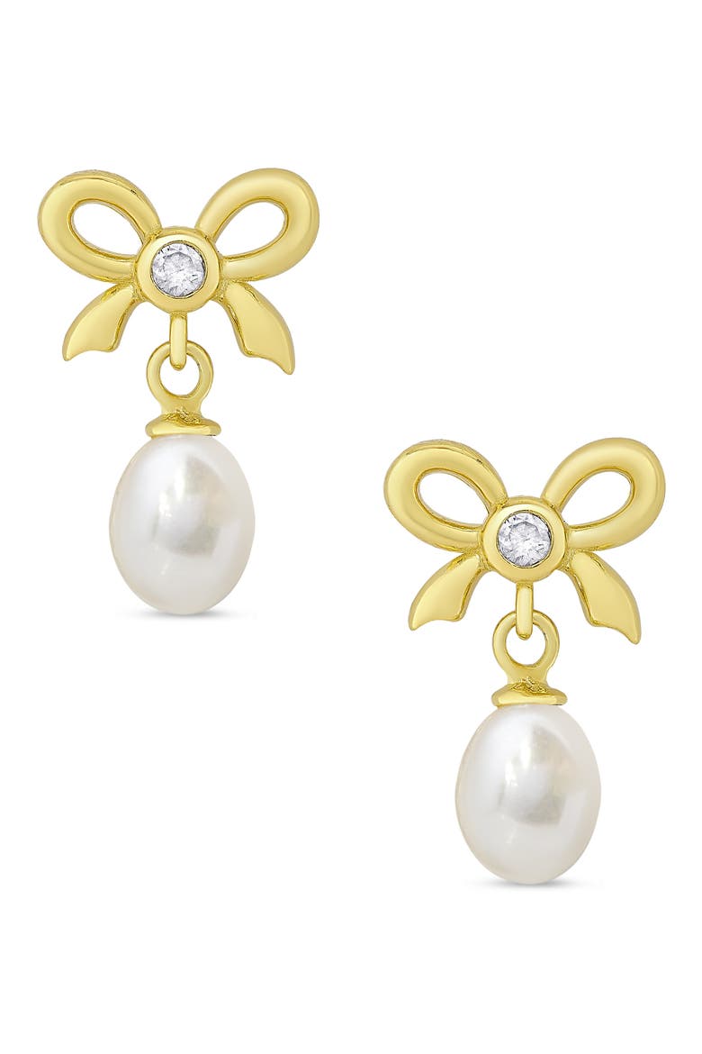 Kids' Cubic Zirconia & Pearl Bow Drop Earrings, Main, color, GOLD