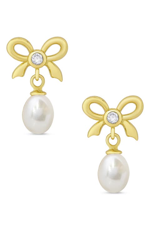 Kids' Cubic Zirconia & Pearl Bow Drop Earrings