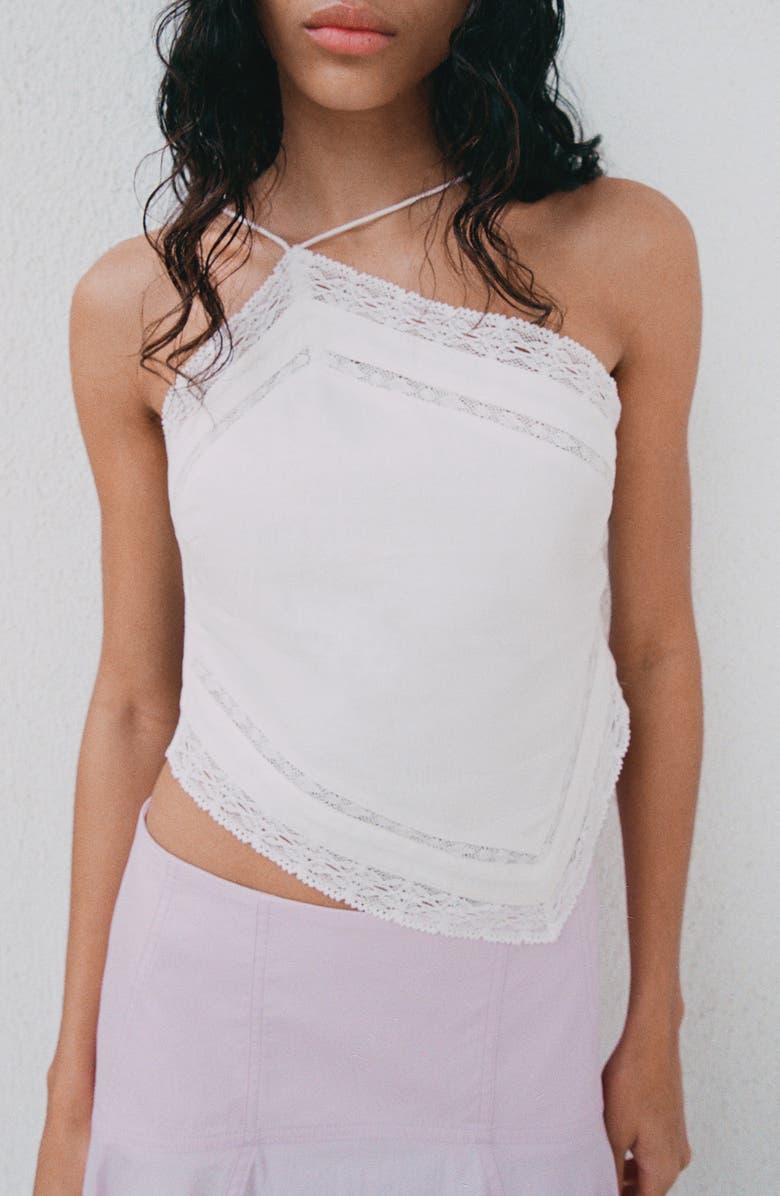 MANGO Lace Trim Asymmetric Halter Neck Top, Main, color, Off White