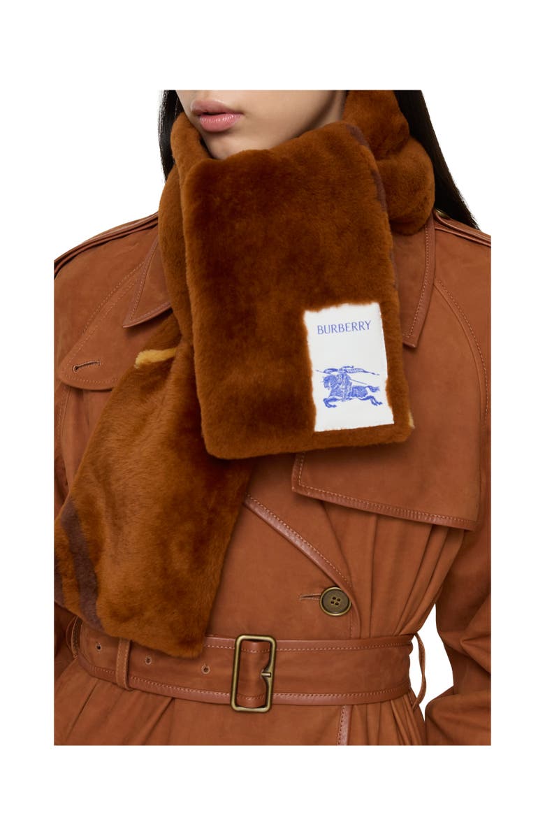 Burberry Narrow Check Shearling Scarf, Alternate, color, Ginger Brown