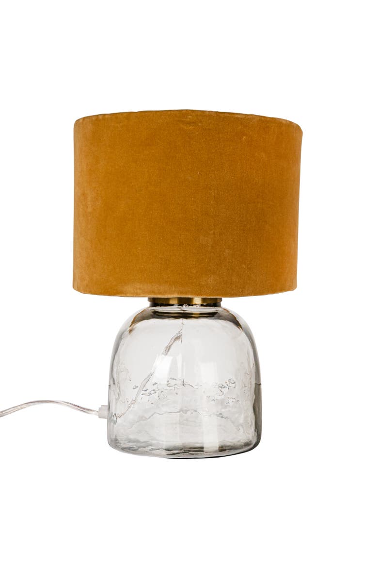 Modern Table Lamp with Glass Base and Velvet Shade, Mustard Yellow, Alternate, color, Green