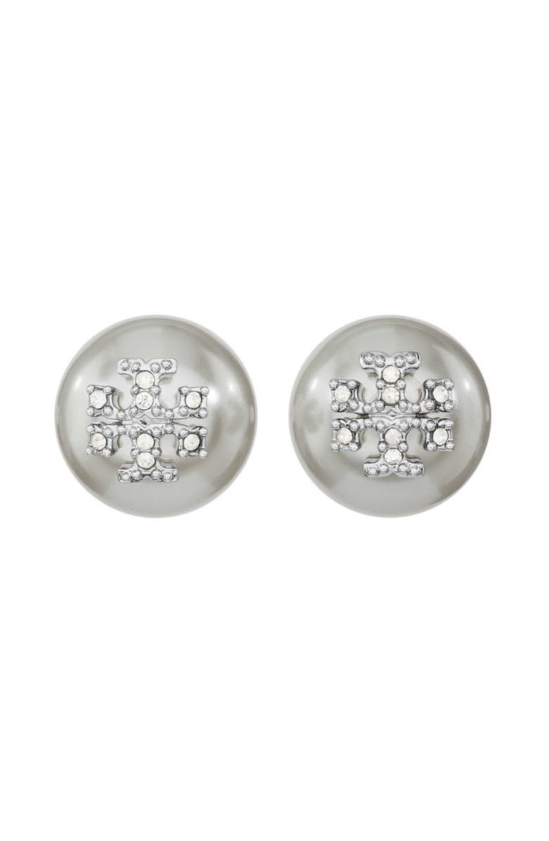 Tory Burch Moondance Pearl and Pavé Stud Earrings, Main, color, Gray