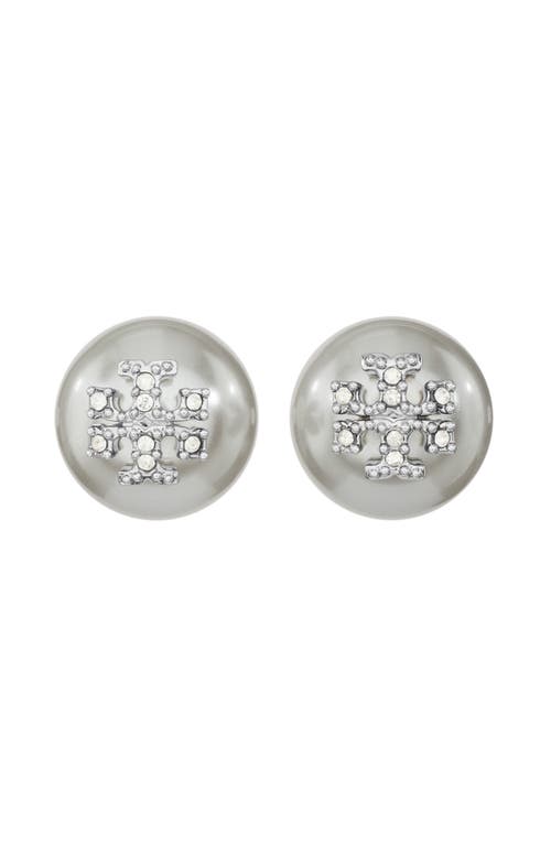 Tory Burch Kira Stacked-t Logo Faux Pearl Stud Earrings In Metallic