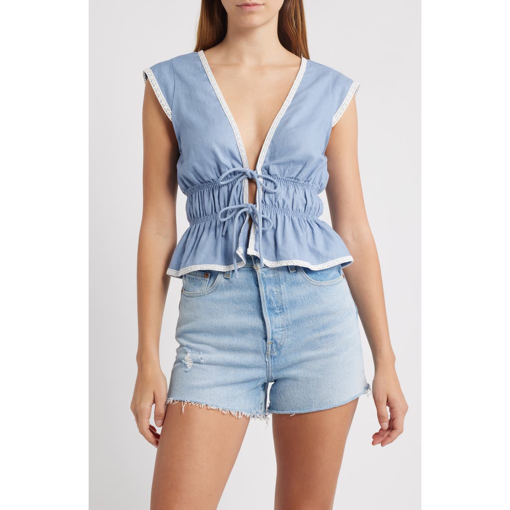 Wayf Clara Tie Front Linen Blend Top In Blue