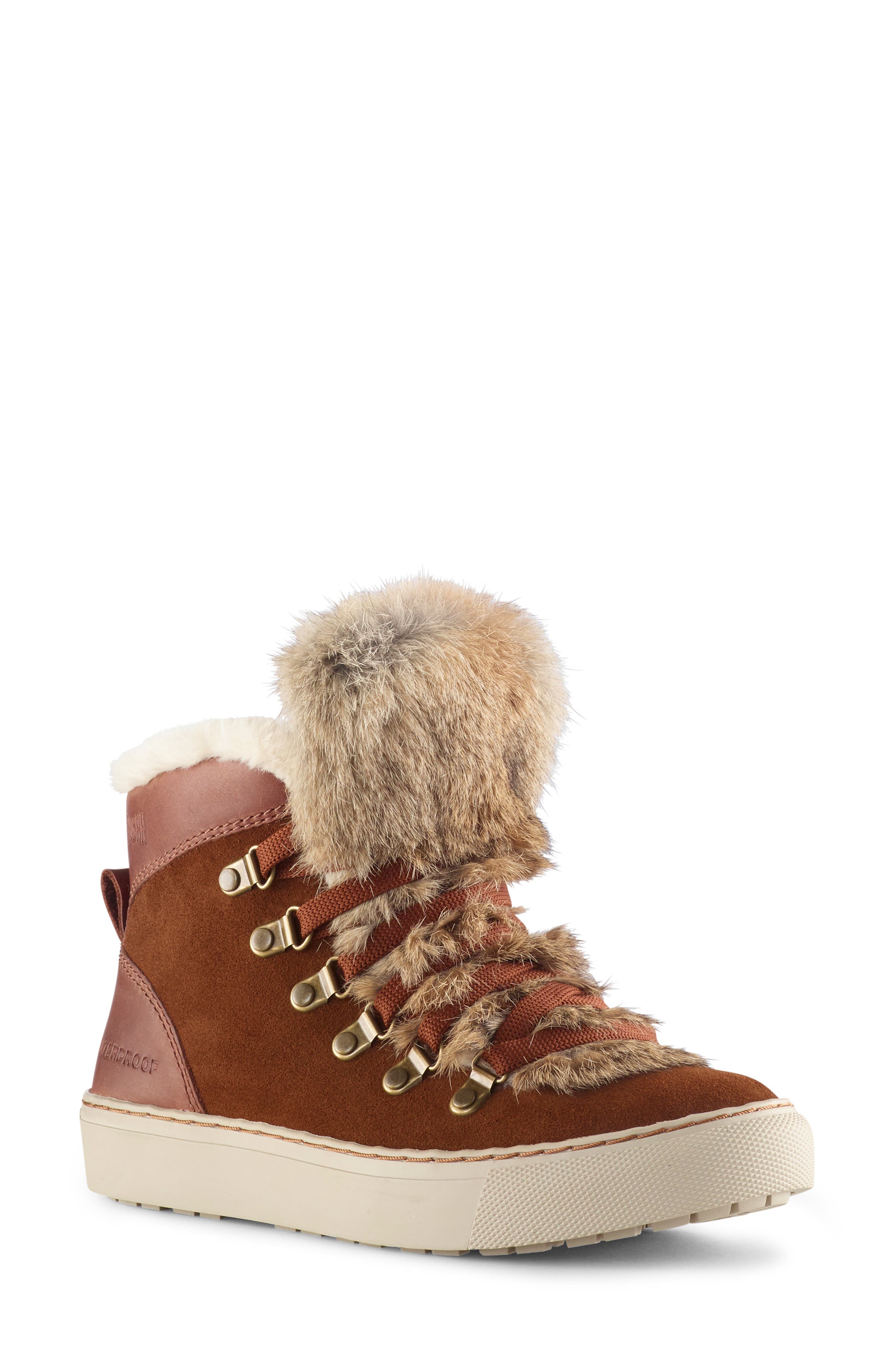 Dani High Top Sneaker with Genuine Rabbit Fur Trim, Main, color, CHESTNUT SUEDE