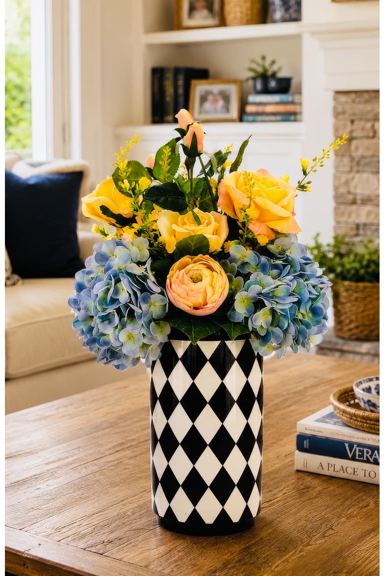Hydrangea and Rose Arrangement in Vase, Alternate, color, Yellow
