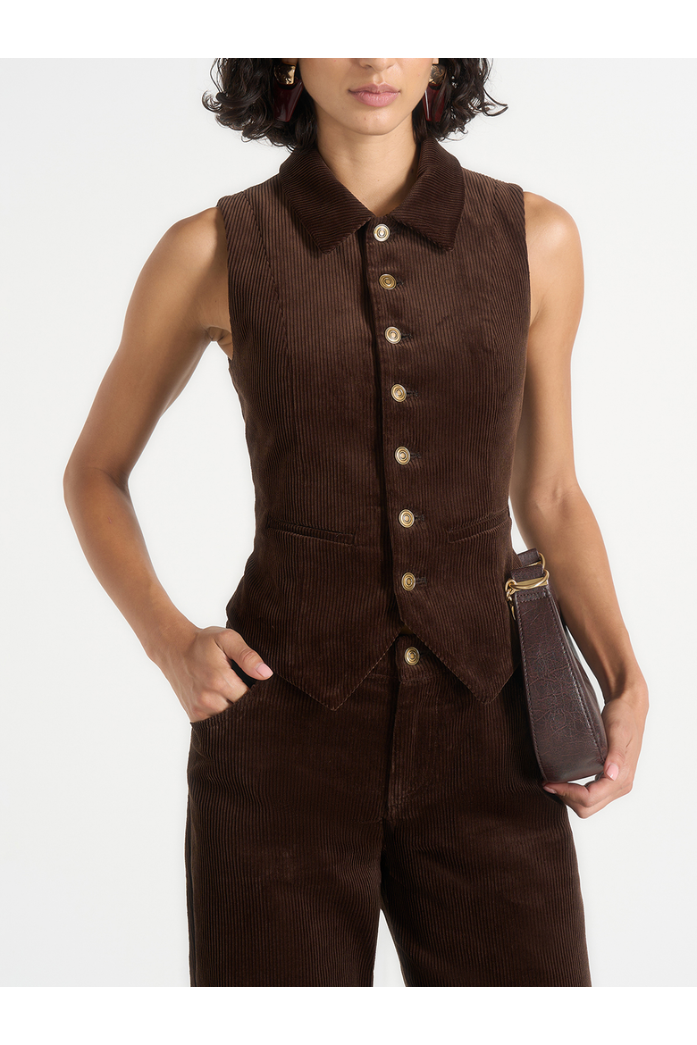 Nancy Corduroy Cinched Waistcoat with Point Collar, Main, color, Brown