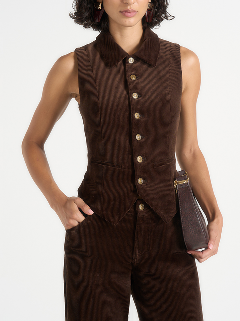 Nancy Corduroy Cinched Waistcoat with Point Collar