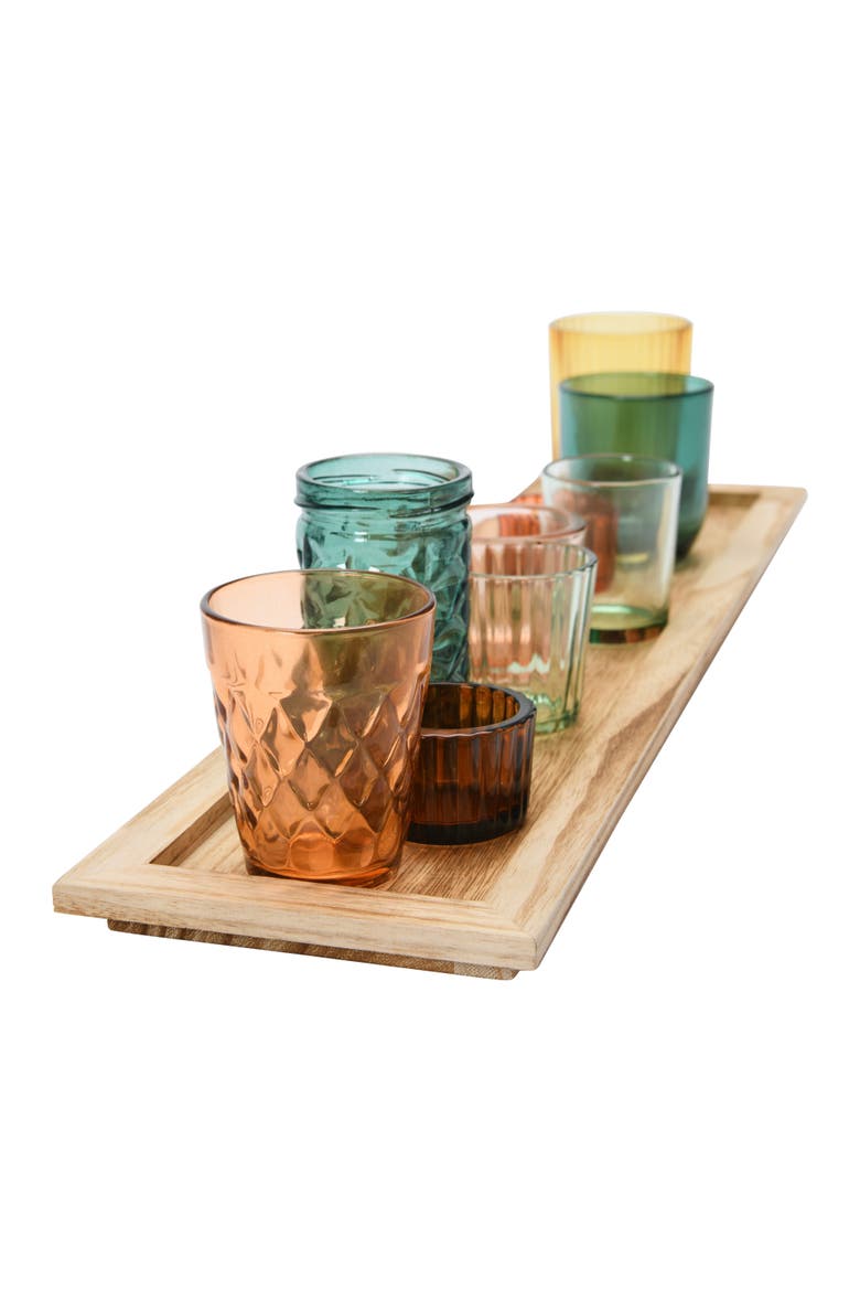Round Glass Votive Holders on Wood Tray, Multicolor, Set of 9, Alternate, color, Multicolor