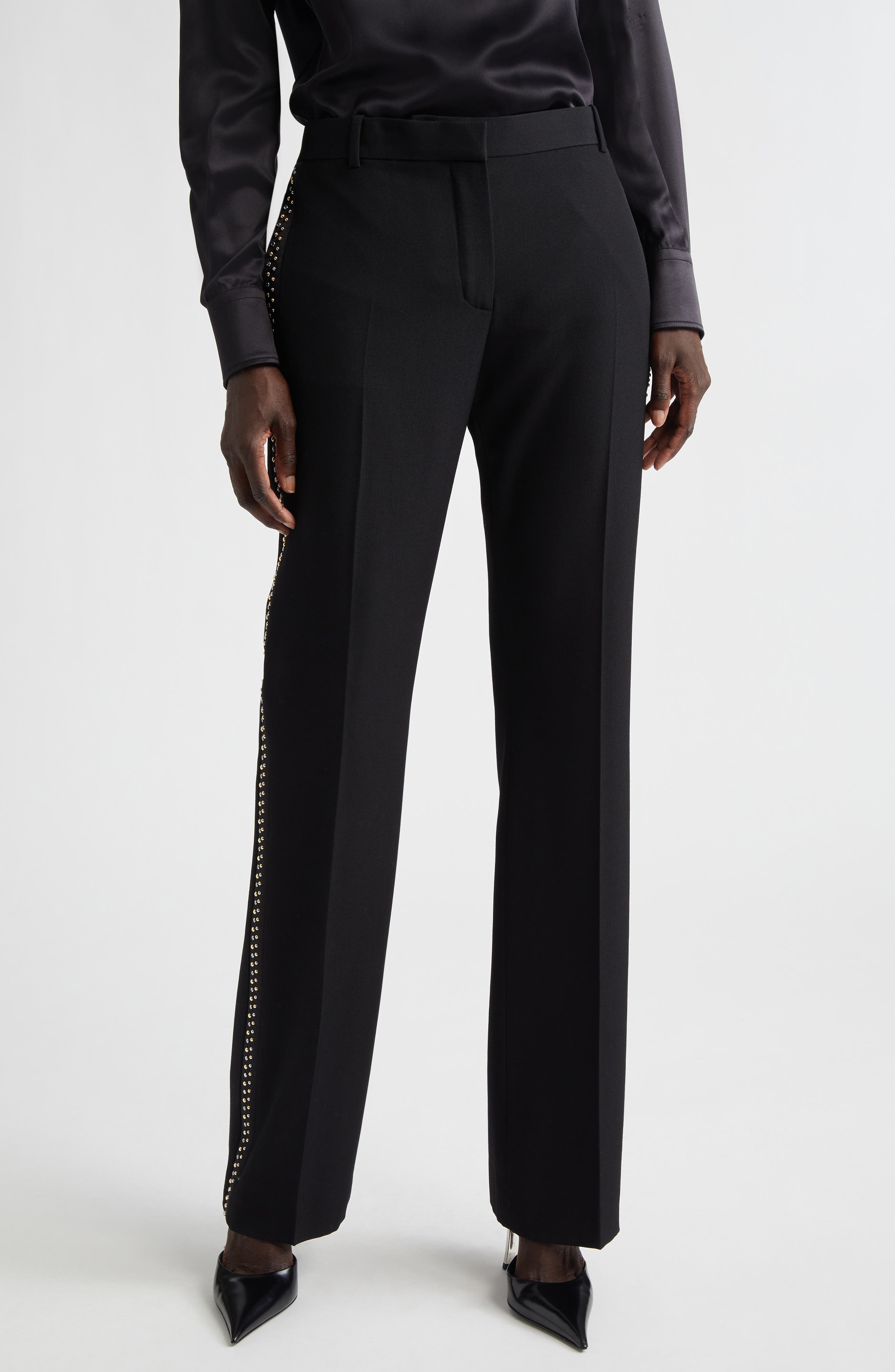 Studded Wool Grain de Poudre Bootcut Pants