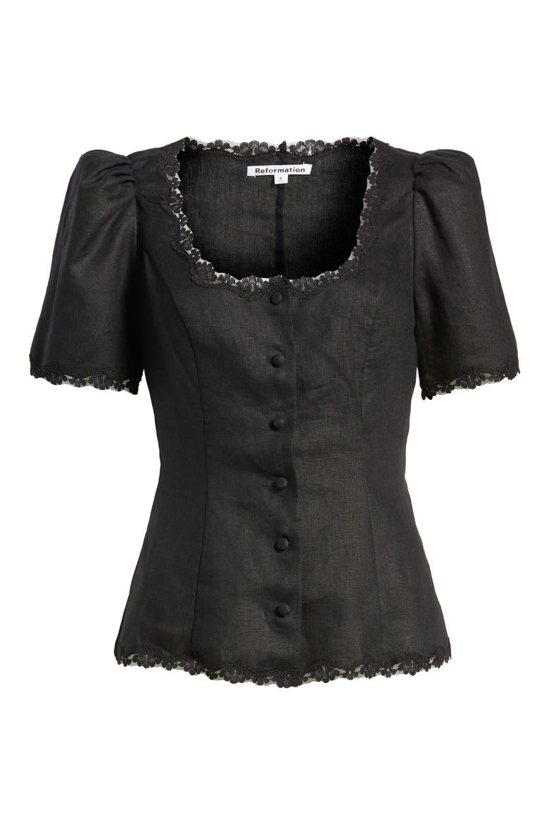 Anabella Linen Button-Up Top, Alternate, color, BLACK
