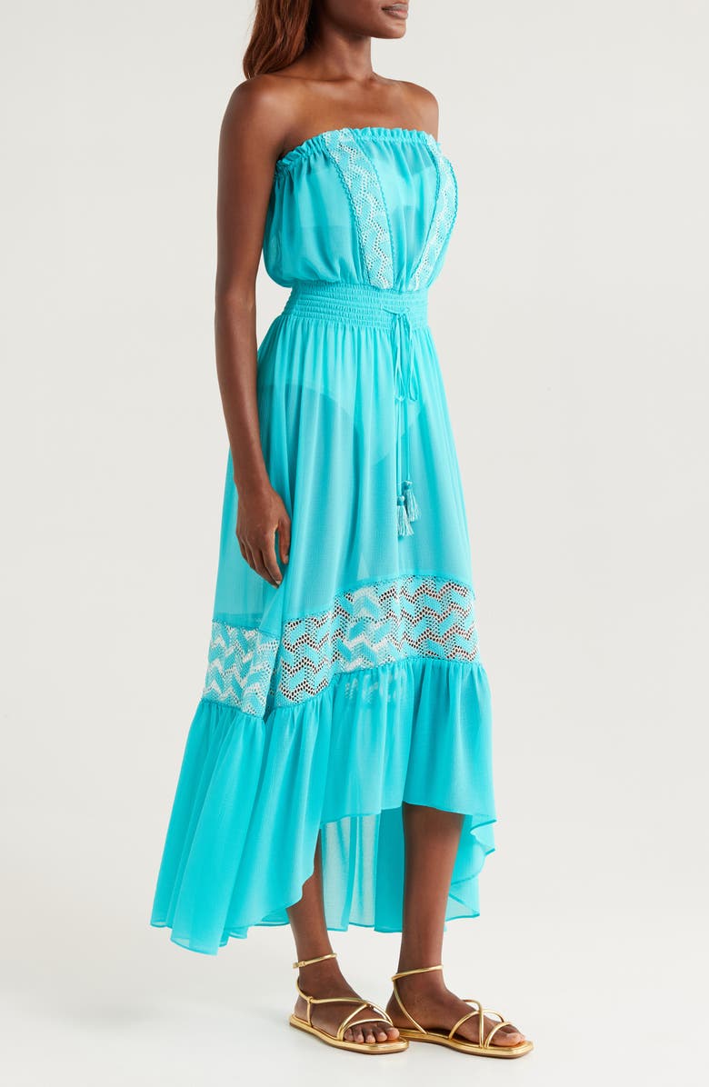 Ramy Brook Dorian Strapless Semisheer Cover-Up Maxi Sundress, Alternate, color, Beach Blue W/ White