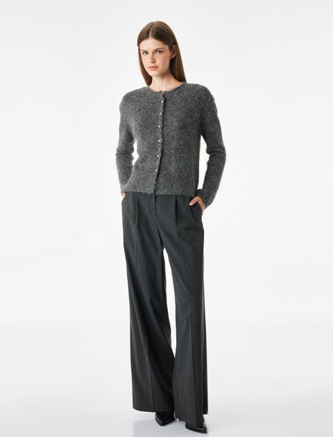 Wool Blend Crew Neck Long Sleeve Knit Cardigan