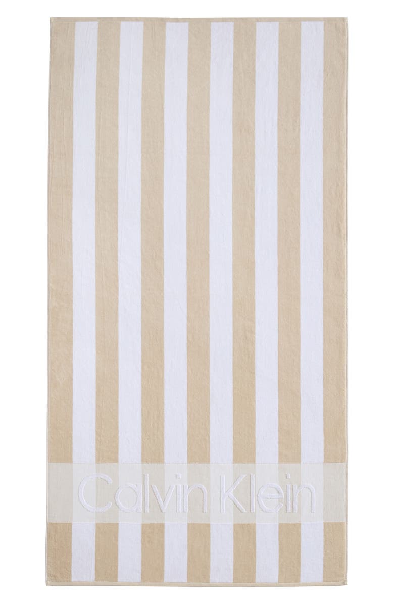Calvin Klein Beach Stripe Logo Towel, Alternate, color, Beige White