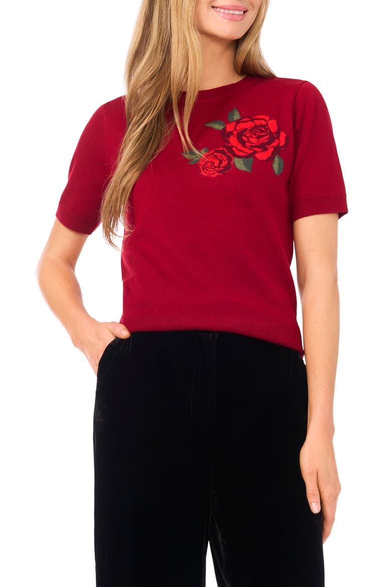 Nora Intarsia Rose Short Sleeve Sweater, Main, color, BRICK RED