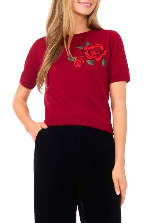 Nora Intarsia Rose Short Sleeve Sweater